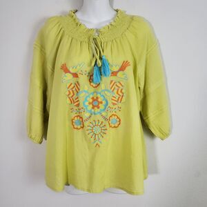 Ivy Jane Top Women's XS Green Floral Embroidered Birds Boho Peasant Relaxed